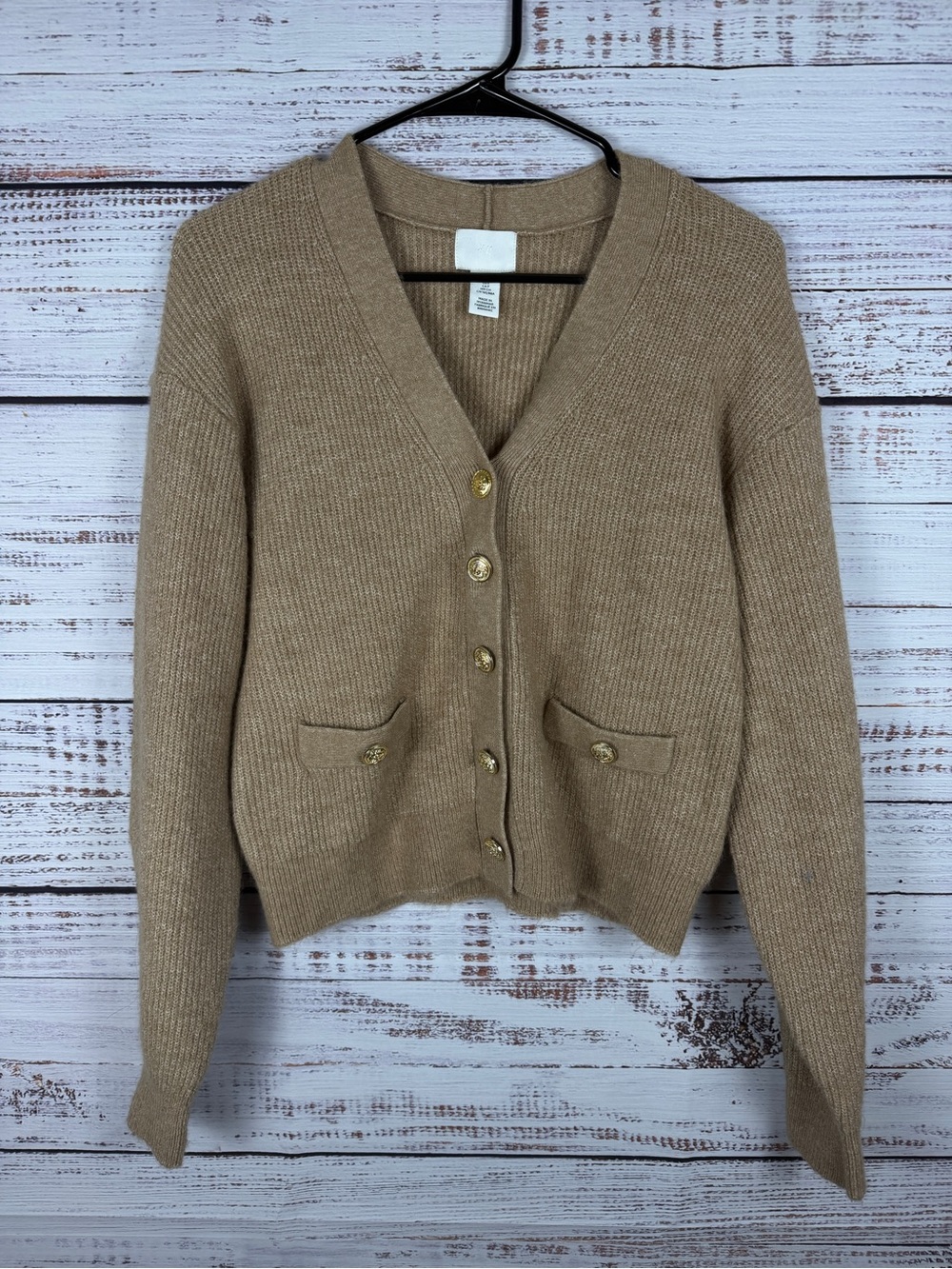 H&M Taupe Knit Cardigan Gold Button Front Pockets Size S